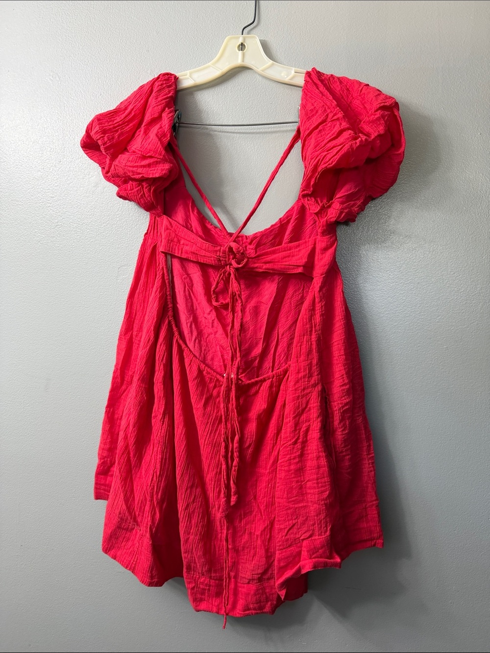 Free People Marina Mini Dress red Coral Red Textured Gauze  puff sleeve Large - Picture 2 of 9